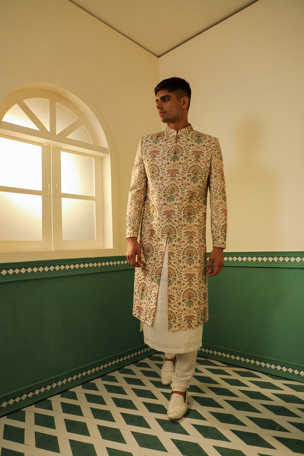 Ivory base sherwani in dupion silk with multicolored block print SW1436